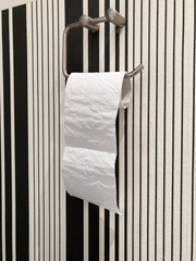 Kończąca się rolka papieru toaletowego wiszacego na uchwycie w toalecie. - obrazy, fototapety, plakaty