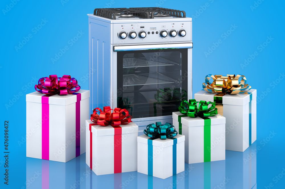 Poster gas range with presents, 3d rendering