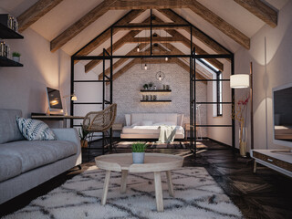 Fototapeta na wymiar 3D rendering of small attic apartment, with wooden beams, white brick wall behind the bed and glass panels with steel frames to divide the room in two