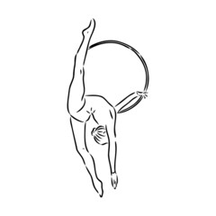 Rhythmic gymnastics competition vector minimalistic banner. Girl, women with ribbon. Sport event. Gymnast dances. One continuous line drawing.
