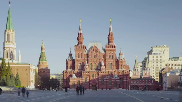 hyper lapse, sunny morning, State Historical Museum and Red Square, Moscow, Russia