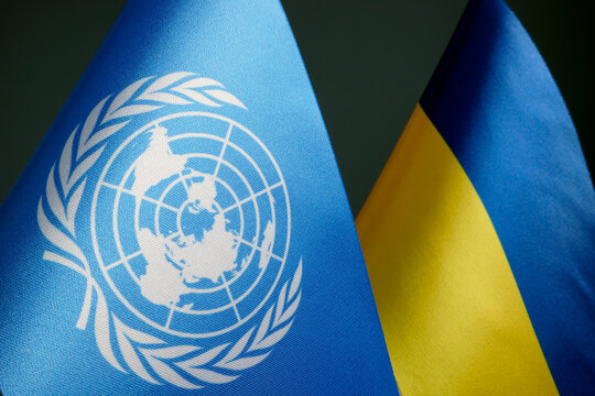 KYIV, UKRAINE - December 10, 2021. Flags of Ukraine and UN United Nations.