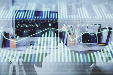 Double exposure of data theme drawing and office interior background. Concept of technology.