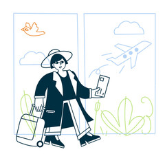 Woman at airport. Luggage and baggage. Ticket in hand. Outline cartoon isolated on white. Female character goes on vacation. Departure and arrival