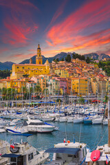 The ocher city of Menton and its marina on the rivera in France.