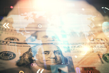 Double exposure of world map drawing over us dollars bill background. International concept.