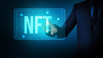 NFT and Digital Art Concept Background with Man Touching the Latest Technology