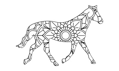 Hand drawnrunning horse for adult anti stress Coloring Page with high details isolated on white background, illustration in zentangle style. Vector monochrome sketch.