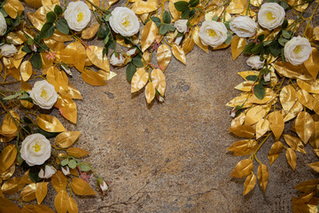 beautiful golden background of white roses and golden leaves. template place for text