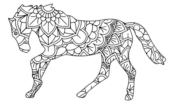 Hand drawnrunning horse for adult anti stress Coloring Page with high details isolated on white background, illustration in zentangle style. Vector monochrome sketch.