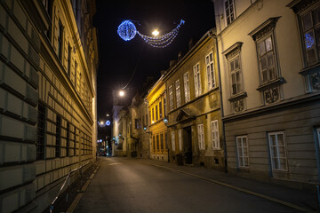 Zagreb, Croatia – December 2021. Advent, Christmas decorations in the medieval part of city
