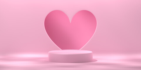 Empty pink studio. Podium and heart. Background for product visualization, copy space. 3d rendering..