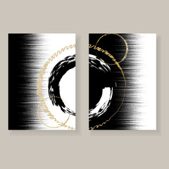 Set of minimalistic elegant wall decor posters. Black, white and gold round strokes and grainy texture. Creative templates for parties, cards, posters, covers, labels, home decor. Abstract art.
