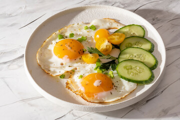 fried eggs vegetables on a white plate on a white wooden background