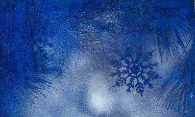 Snowflakes shadows on frozen blue background.
