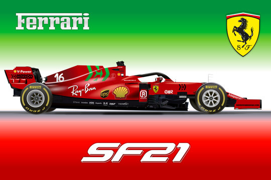 Italy, Year 2021, Ferrari SF21 Formula One World Championship, Number 16, Charles Leclerc, Vector Illustration