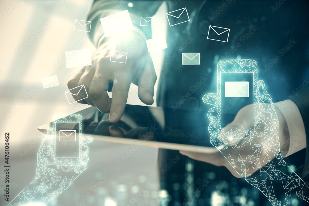 Poster Double exposure of man's hands holding and using a digital device and envelop hologram drawing. E-mail concept.