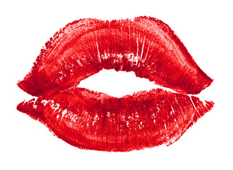 Red lipstick isolated on white. Makeup female lips close up. Sexy red lips on white, kiss. Trace of lipstick.