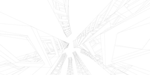 Abstract architecture background. Linear 3D illustration. Building construction perspective
