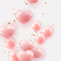 Valentines Day background with pink heart shaped balloons and confetti. Holiday greeting card illustration on light background