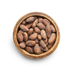 Dried cocoa beans in wooden bowl