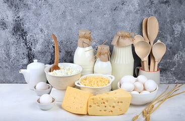 Assorted fresh dairy products, natural food concept, healthy breakfast with ingredients, maintaining healthy intestinal microflora, diet food, rustic table, selective approach