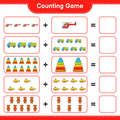 Count and match, count the number of Helicopter, Lorry, Pyramid Toy, Submarine, Teddy Bear and match with the right numbers. Educational children game, printable worksheet, vector illustration