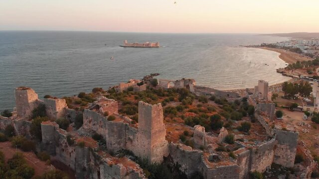 Aerial view Antik kiz kalesi ruins panorama in Kizkalesi with sea view in Mediterranean coast .Mersin province. Turkey