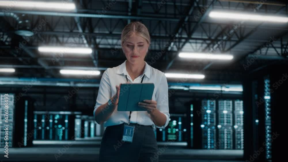 Aufkleber Confident Female IT Specialist Using Tablet Computer, Walk Through Big Warehouse Data Center. System Administrator working with Computing SAAS, Cloud Web Services. e-Business Digital Entrepreneur