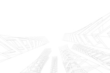 Abstract architecture background. Linear 3D illustration. Building construction perspective