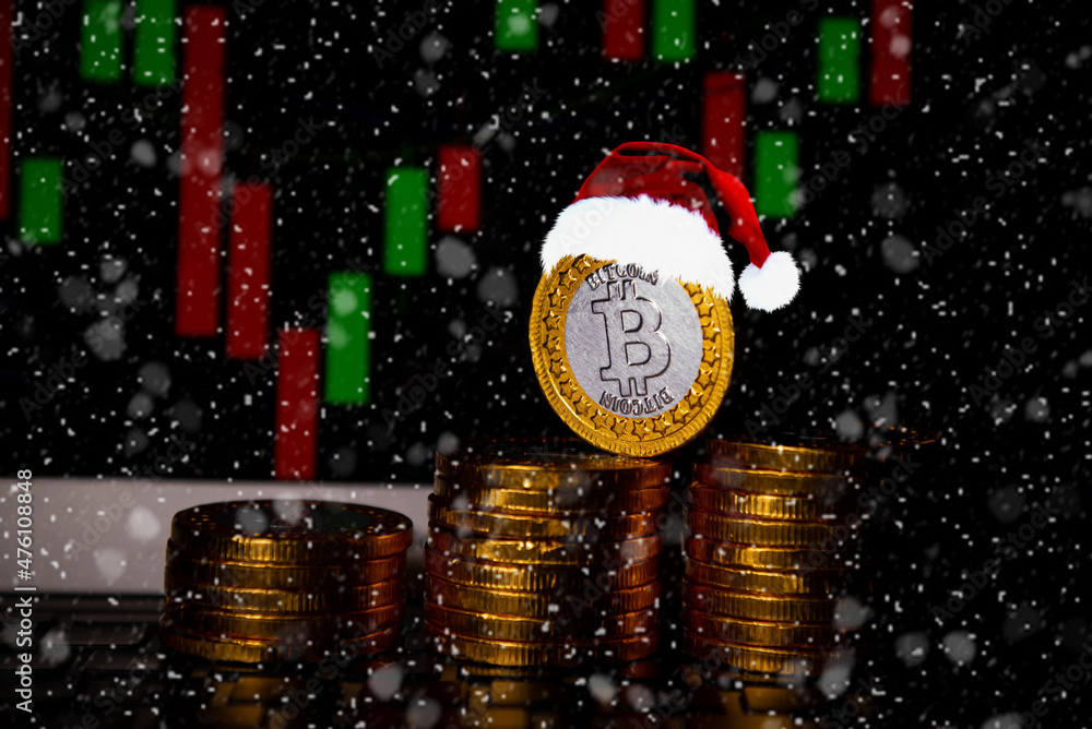 Poster bitcoin currency on a heap on coins with christmas fez with snow weather around
