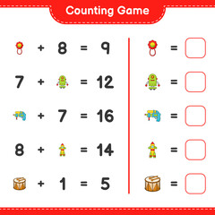 Count and match, count the number of Baby Rattle, Robot Character, Water Gun, Rocket, Drum and match with the right numbers. Educational children game, printable worksheet, vector illustration