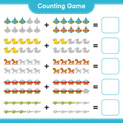 Count and match, count the number of Ufo, Plane, Whirligig Toy, Rubber Duck, Rocking Horse and match with the right numbers. Educational children game, printable worksheet, vector illustration