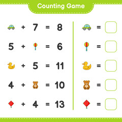 Count and match, count the number of Kite, Car, Baby Rattle, Rubber Duck, Teddy Bear and match with the right numbers. Educational children game, printable worksheet, vector illustration