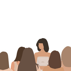 Flat illustration of girls in beige clothes. A lot of girls look at each other. One girl against a crowd of people.