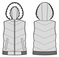 Down vest puffer waistcoat technical fashion illustration with fur on the hood © Olesya