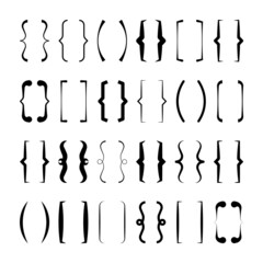 Text brackets collection, black quotation box. Curly, square and corner parentheses. Vintage typographical symbol, calligraphic quote frame. Doodle, lettering element. Vector illustration.