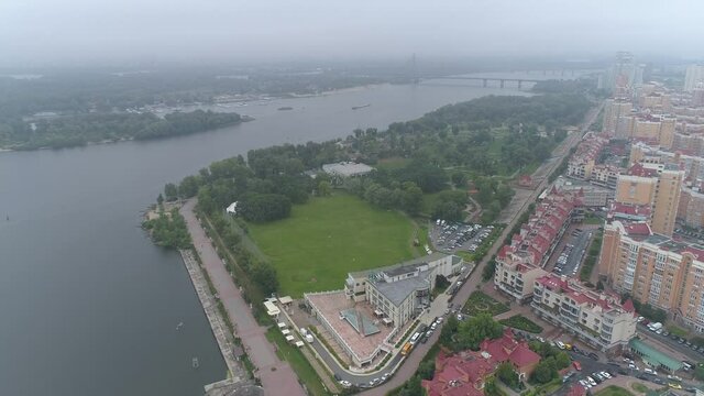 After rain. Cityscape in fog. Obolon district in Kyiv city, Ukraine. Aerial. 