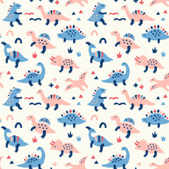 Dinosaur seamless pattern. Dino vector illustration in paper cut style. Child cloth design, wallpaper, wrapping.