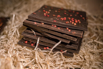 Chocolate bar with pepper and spices. Tools figures made of chocolate is very popular thing to buy at Lviv, Ukraine.