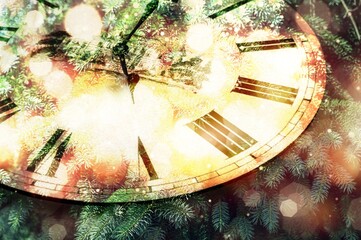 New Year banner with clock. Neon holiday lights. New Year and Christmas 2021. Winter holiday background.