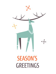 Minimalistic Christmas card with reindeer in Vintage design style. Mid Century Modern Vector Illustrations. Seasons greeting