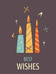 Minimalistic Greeting card with three candles and Best Wishes text on dark background in Vintage design style. Mid Century Modern Vector Illustrations. Seasons greeting