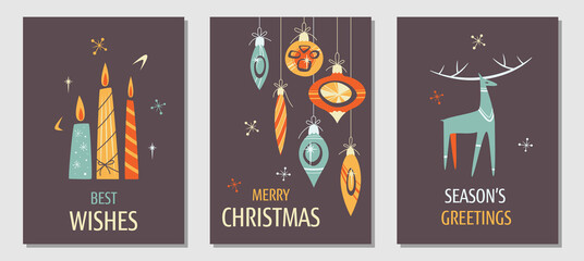 Set of Minimalistic greeting cards with reindeer, Christmas decorations and candles on dark background in Vintage design style. Mid Century Modern Vector Illustrations. Seasons greeting