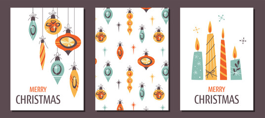 Set of Minimalistic greeting cards with candles, surface pattern and Christmas decorations in Vintage design style. Mid Century Modern Vector Illustrations. Seasons greeting