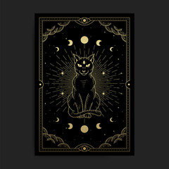 Mystical black cat. Familiar spirit or pagan witchcraft - obrazy, fototapety, plakaty
