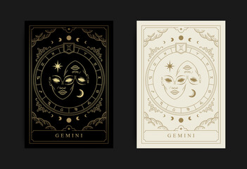 Gemini or two face girl in engraving, line style for zodiac symbol.