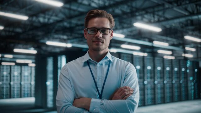 Big Data Center Portrait of Smiling Chief Technology Officer Wearing Glasses Walks into Focus, Looks at Camera. Cloud Service Warehouse with System Administrator. SAAS, Cloud Computing, Cyber Security