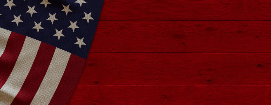 Presidents Day Background with American Flag on Red Wood. USA Holiday wallpaper with copy space.