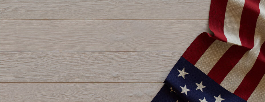 Presidents Day Banner with American Flag on White Wood. US Holiday wallpaper with copy space.